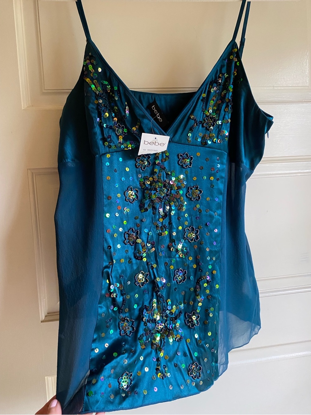 NWT Vintage Y2K Bebe Silk Camisole Embellished with Floral Beads and Sequins L - Picture 6 of 13